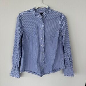 Blue & White Pinstripes Button-Down Front with Band Collar -6
